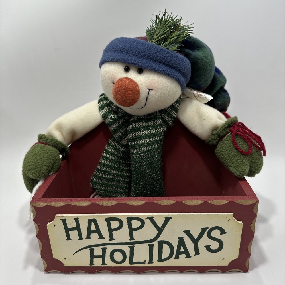 DanDee Stuffed Snowman Christmas Card Holder Wood Box Decoration 10x4.5x10